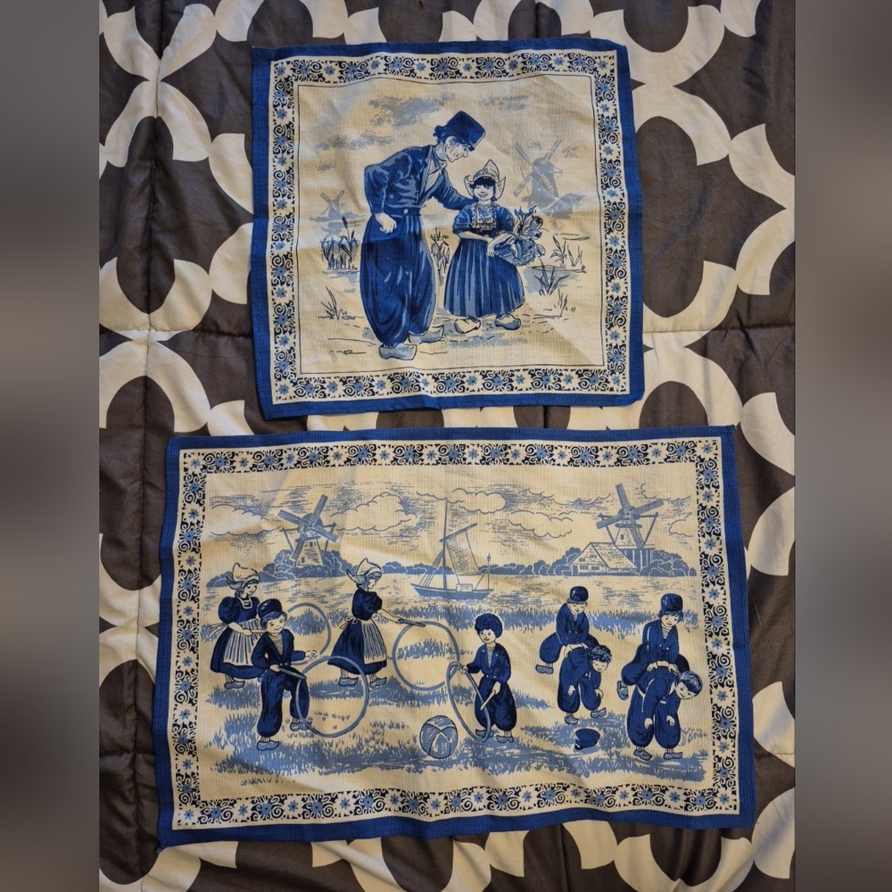 Vintage Blue and White Dutch Linen Placemat And Napkin